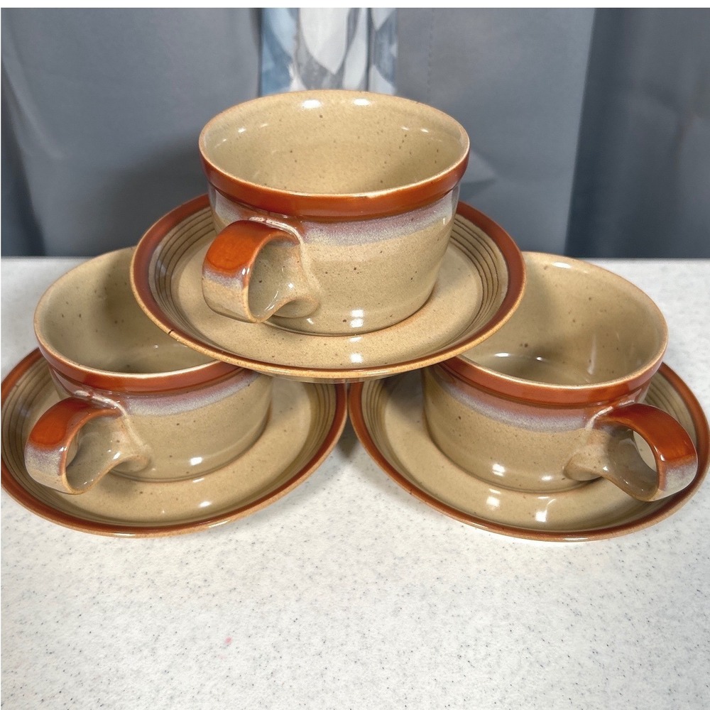 Mikasa Potters Art Ben Seibel Design Japan PF850 Cups & Saucers Tan Set/3